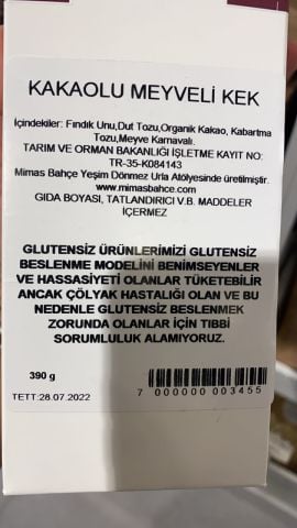 Kakaolu Meyveli Kek Un   Glütensiz,Şekersiz,Katkısız  390 gr.